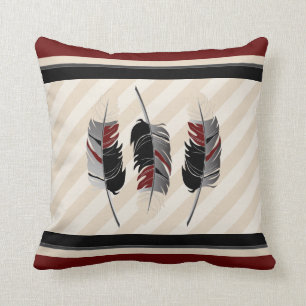 Feathers in Maroon Red, Black and Cream Throw Pillow