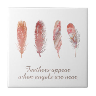Feathers in pink and coral on white angel quote tile
