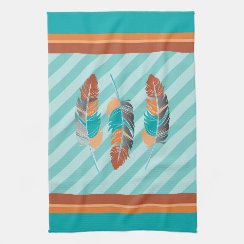 Feathers in Teal Stripes and Desert Color Kitchen Towel