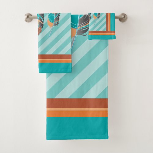 Feathers in Teal Stripes and Desert Colors Bath Towel Set