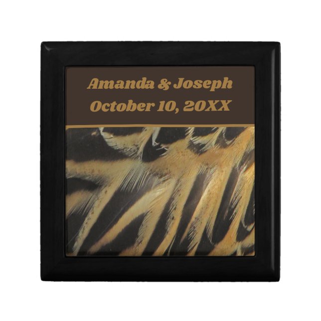 Feathers Layered Brown Gold Wedding Keepsake Gift Box (Front)