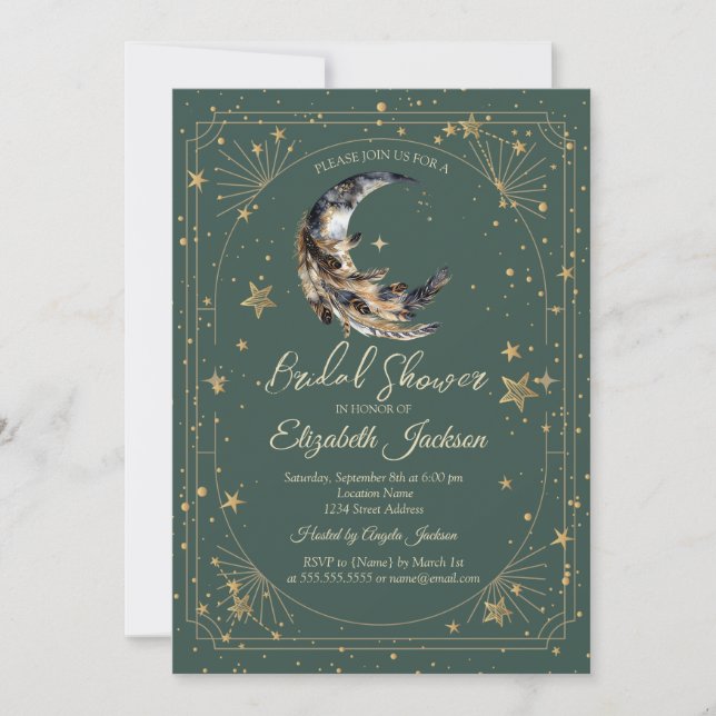 Feathers Moon Stars Frame Green Bridal Shower Invitation (Front)