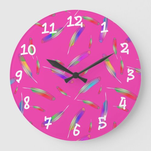Feathers muilt_colored hot pink bright large clock
