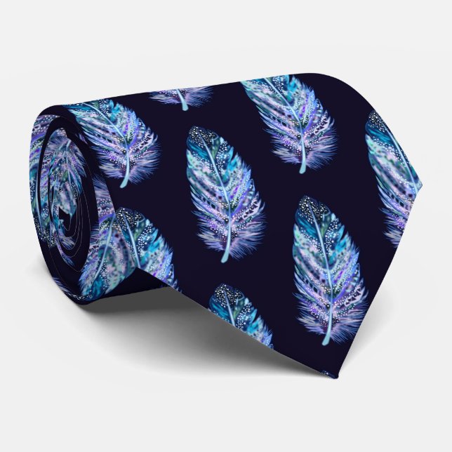 Feathers Neck Tie - Custom Colors - Dark Blue (Rolled)