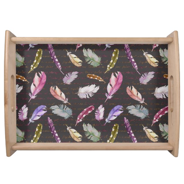 Feathers Note: Watercolor Bird Pattern. Serving Tray (Front)