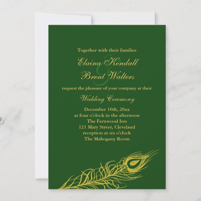 Feathers on Emerald Green Wedding Invitation (Front)