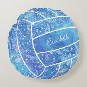 feathers paislies boho pattern blue volleyball round pillow