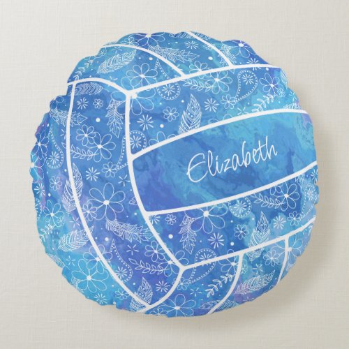 feathers paislies boho pattern blue volleyball round pillow
