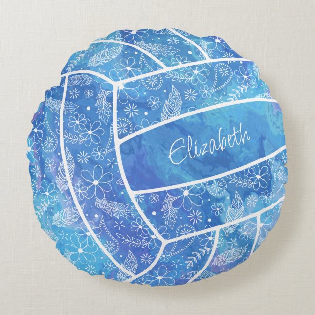 feathers paislies boho pattern blue volleyball round pillow (Front)