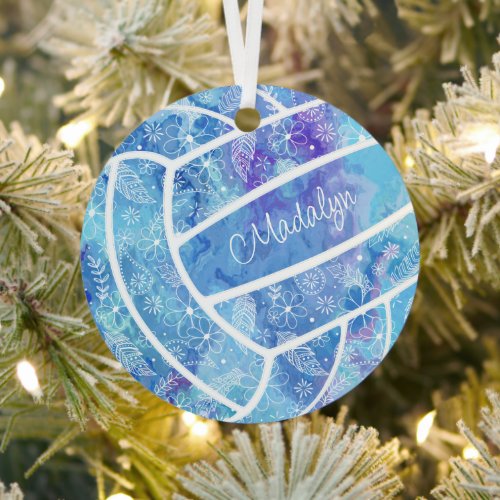 feathers paislies floral pattern blue volleyball metal ornament