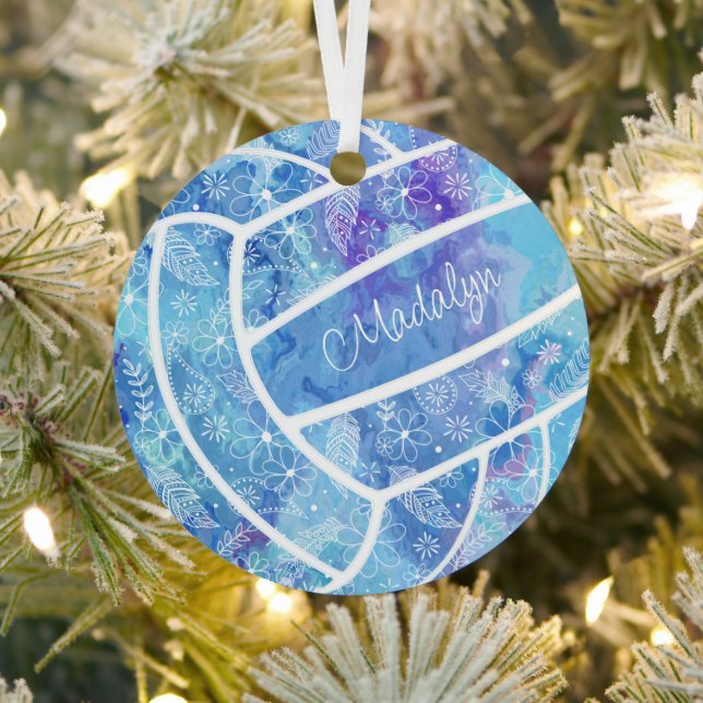 feathers paislies floral pattern blue volleyball metal ornament (Insitu)