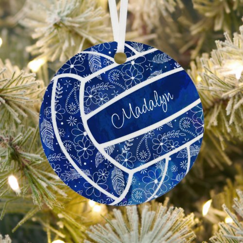 feathers paislies floral pattern blue volleyball metal ornament