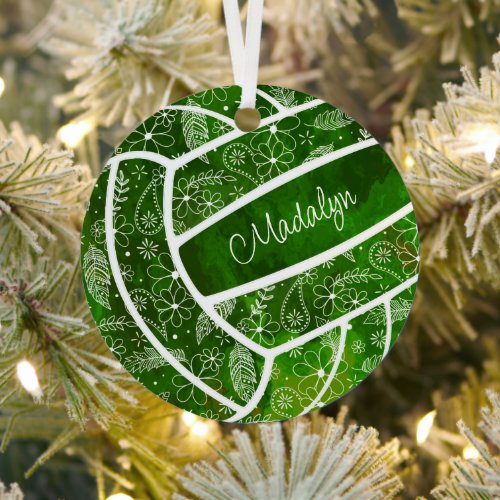 feathers paislies floral pattern green volleyball metal ornament