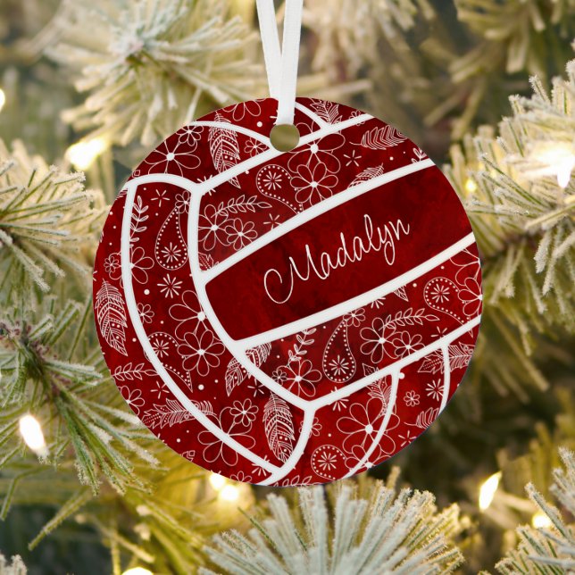 feathers paislies floral pattern maroon volleyball metal ornament (Insitu)