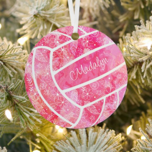 feathers paislies floral pattern pink volleyball metal ornament