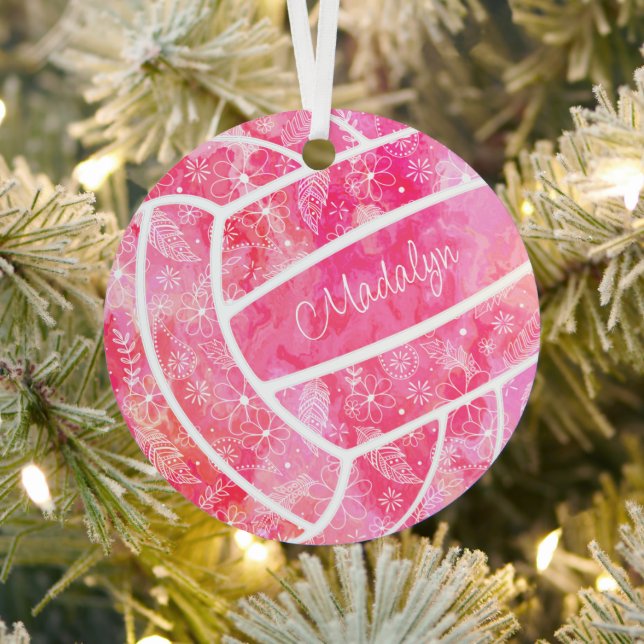 feathers paislies floral pattern pink volleyball metal ornament (Insitu)