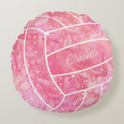 feathers paislies floral pattern pink volleyball round pillow