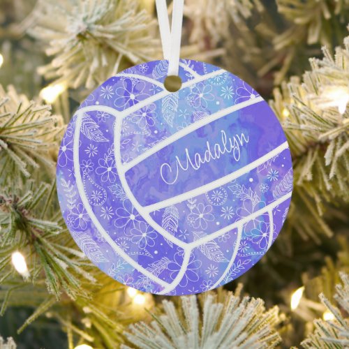 feathers paislies floral pattern purple volleyball metal ornament