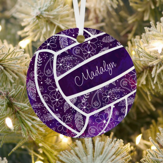 feathers paislies floral pattern purple volleyball metal ornament (Insitu)