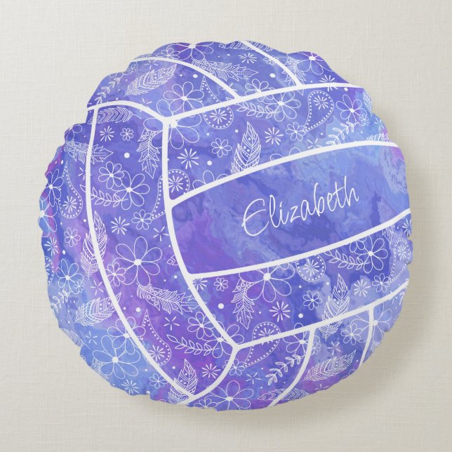 feathers paislies floral pattern purple volleyball round pillow (Front)