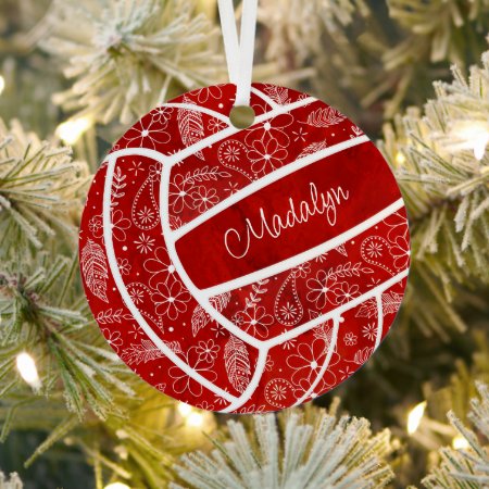 image of red volleyball ornament with feathers paislies floral doodle pattern