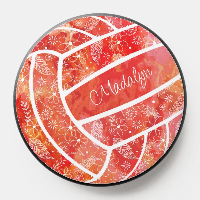 feathers paislies floral pattern red volleyball PopSocket (Popsocket)