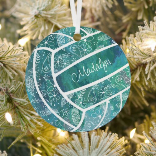 feathers paislies floral pattern teal volleyball metal ornament