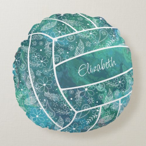 feathers paislies floral pattern teal volleyball round pillow