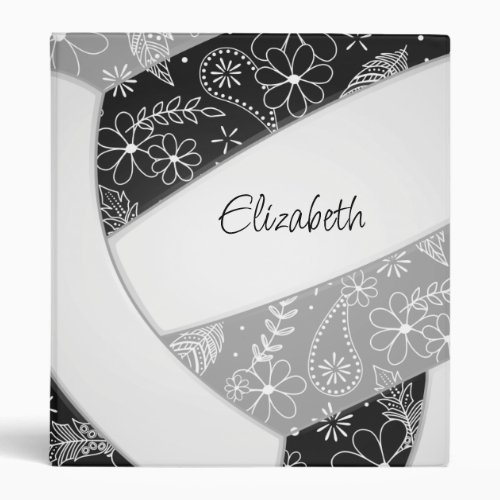 feathers paislies flowers black gray volleyball 3 ring binder