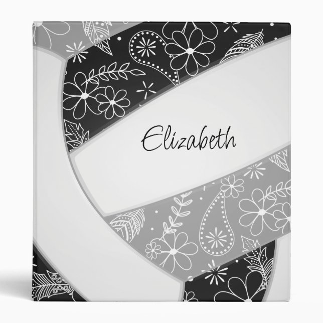 feathers paislies flowers black gray volleyball 3 ring binder (Front)