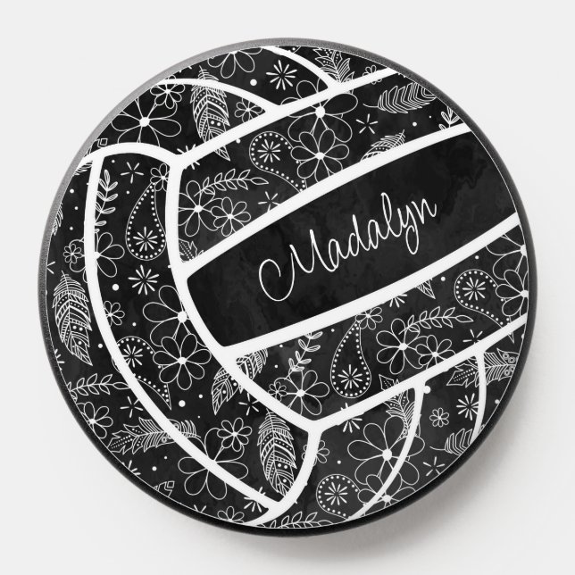 feathers paislies pattern black boho volleyball PopSocket (Popsocket)
