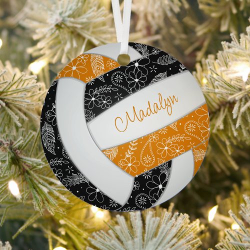feathers paislies pattern black orange volleyball metal ornament