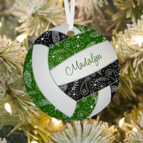 feathers paislies pattern green black volleyball metal ornament