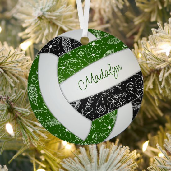 feathers paislies pattern green black volleyball ornament