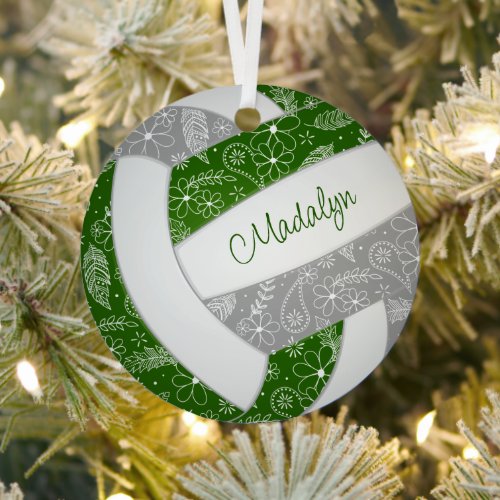 feathers paislies pattern green gray volleyball metal ornament