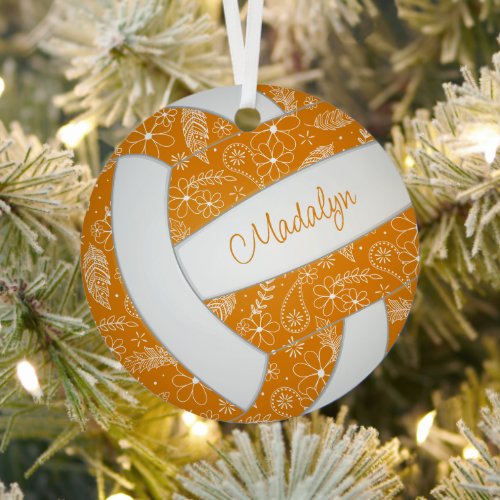 feathers paislies pattern orange white volleyball metal ornament