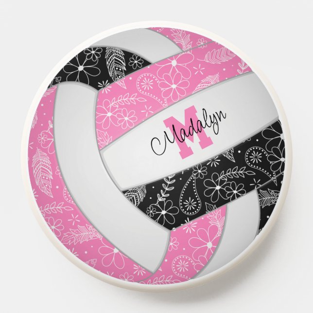 Feathers paislies pink black boho volleyball PopSocket (Popsocket)