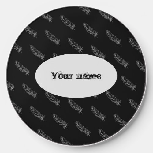 Feathers Pattern Name Personalized Gray Black Wireless Charger