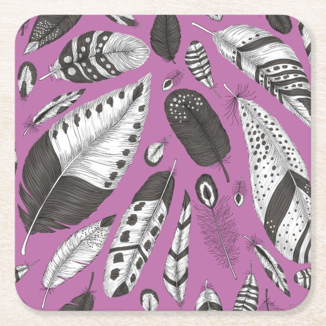 Feathers pattern square paper coaster (Front)