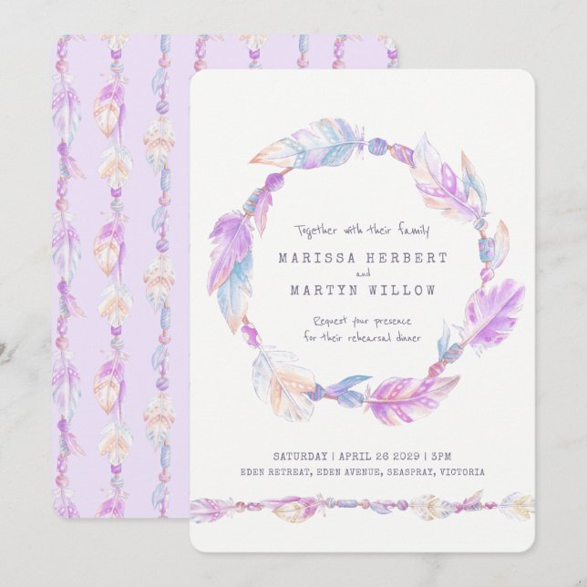Feathers purple watercolor rehearsal dinner invitation (Front/Back)