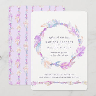 Feathers purple watercolor rehearsal dinner invitation