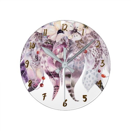 Feathers Rustic Dream Catcher Anemone Floral Round Clock