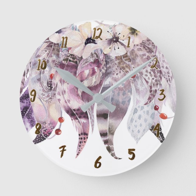 Feathers Rustic Dream Catcher Anemone Floral Round Clock (Front)