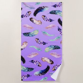 Feathers Watercolor Bohemian Purple Beach Towel by EveyArtStore at Zazzle