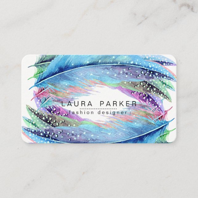 Feathers Watercolor Boho Bird Girly Chic Business Card (Front)