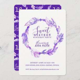 Feathers watercolor sweet sixteen purple invitation