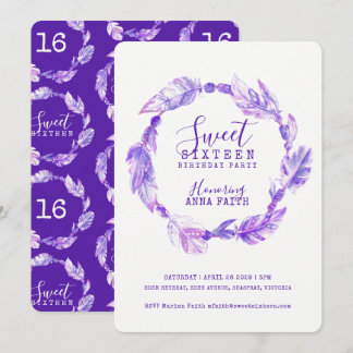Feathers watercolor sweet sixteen purple invitation