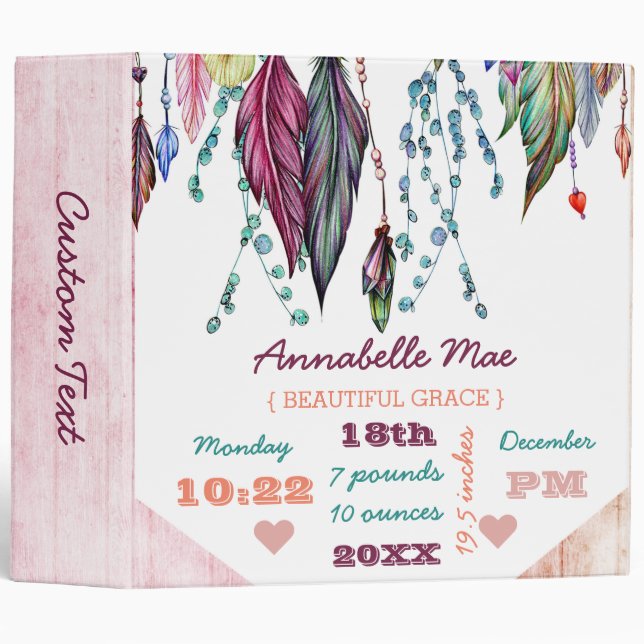 Feathers & Wood Boho Birth Stats Baby Scrapbook Binder (Front/Spine)