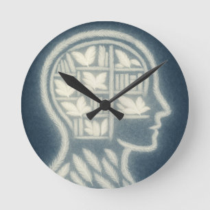 Feathery Head With Glowing White Books (Dark BG) Round Clock