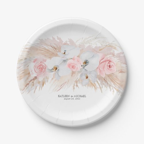 Feathery Pampas Grass and White Orchids Wedding Paper Plates